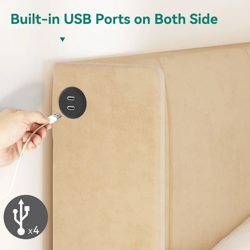 Cadre de lit plateforme Queen tapissé avec tiroirs de rangement et ports USB