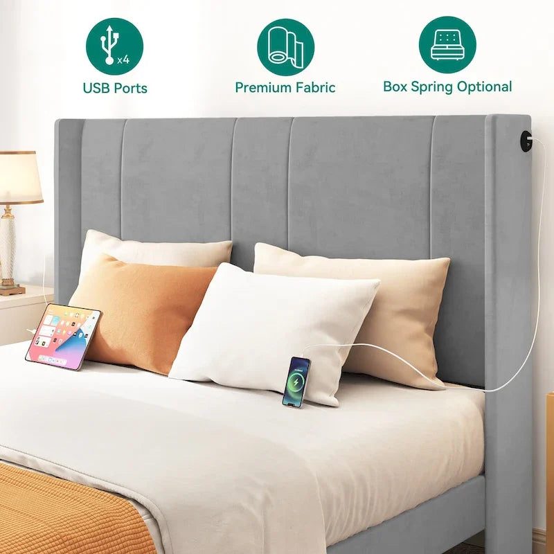 Cadre de lit plateforme Queen tapissé avec tiroirs de rangement et ports USB