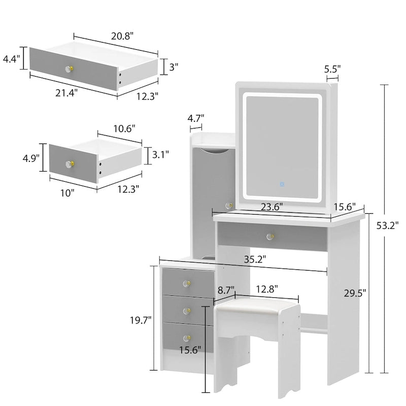 Coiffeuse avec miroir coulissant éclairé et tabouret – 33L x 15,7l x 52,4H