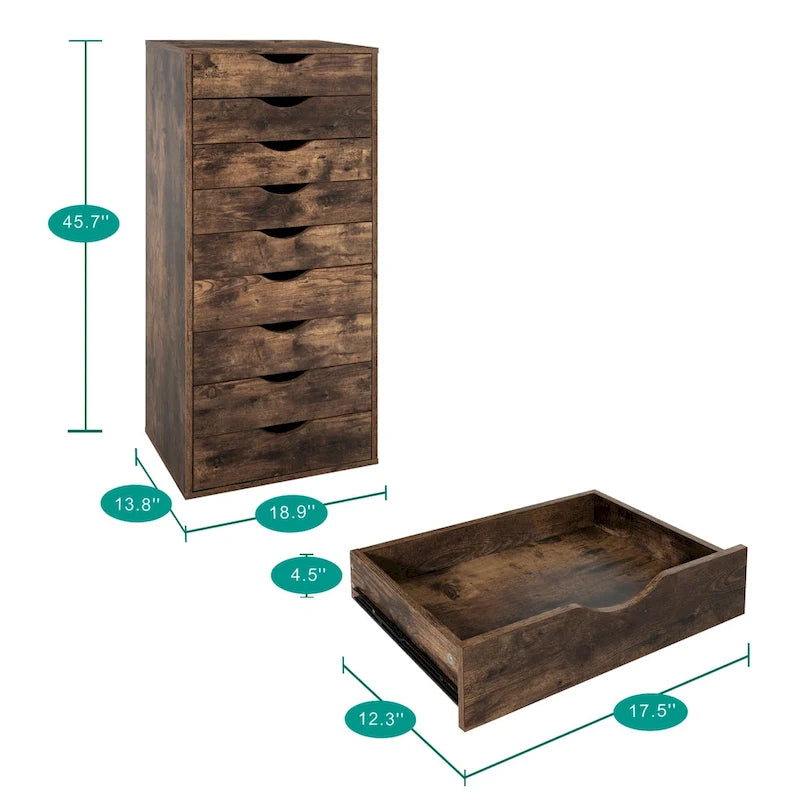 Commode en bois à 9 tiroirs avec tiroirs à glissement fluide