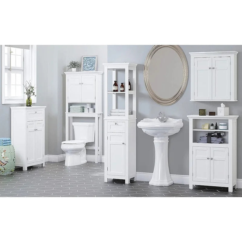 Étagère de salle de bain au-dessus des toilettes avec armoire de rangement et tiroir