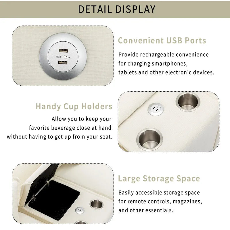 Canapé d'angle en tissu chenille avec poufs amovibles, ports USB, porte-gobelets et rangement