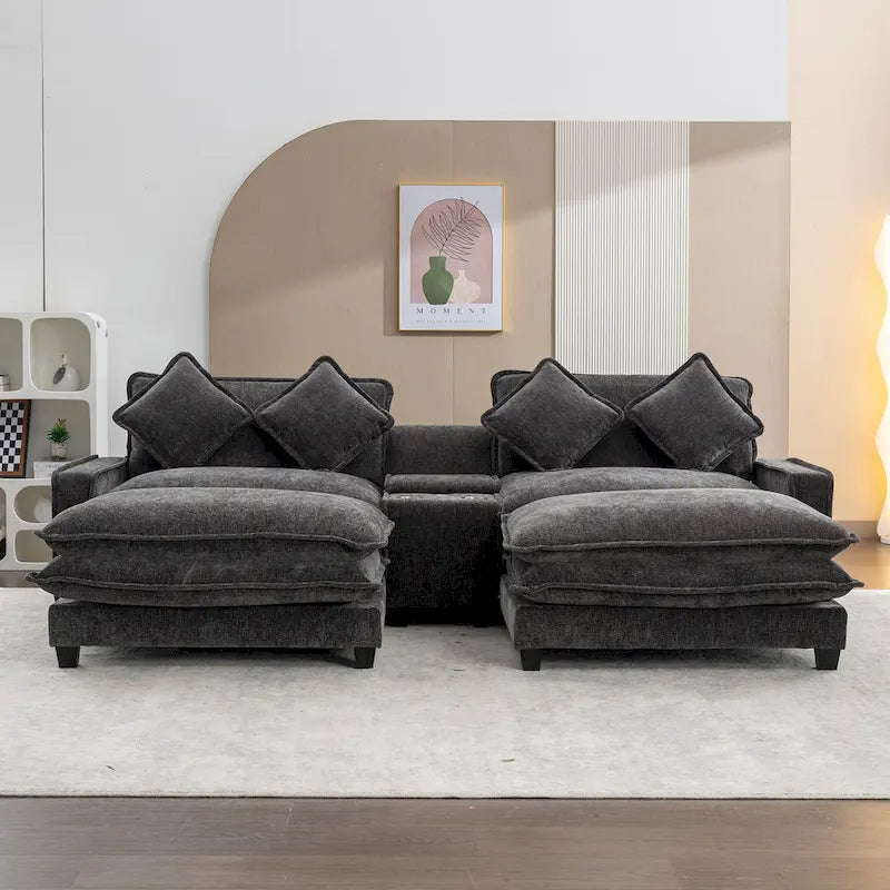 Canapé d'angle en tissu chenille avec poufs amovibles, ports USB, porte-gobelets et rangement