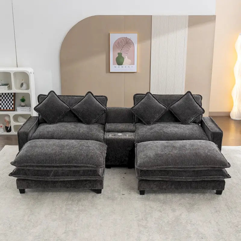 Canapé d'angle en tissu chenille avec poufs amovibles, ports USB, porte-gobelets et rangement