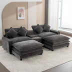 Canapé d'angle en tissu chenille avec poufs amovibles, ports USB, porte-gobelets et rangement