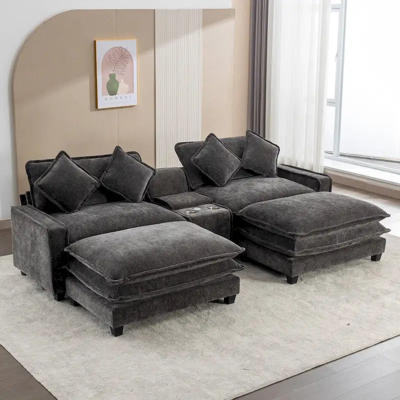 Canapé d'angle en tissu chenille avec poufs amovibles, ports USB, porte-gobelets et rangement