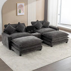 Canapé d'angle en tissu chenille avec poufs amovibles, ports USB, porte-gobelets et rangement