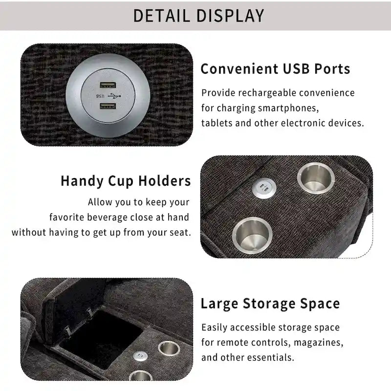 Canapé d'angle en tissu chenille avec poufs amovibles, ports USB, porte-gobelets et rangement