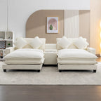 Canapé d'angle en tissu chenille avec poufs amovibles, ports USB, porte-gobelets et rangement