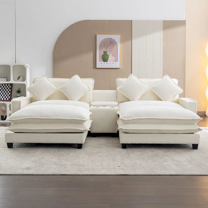 Canapé d'angle en tissu chenille avec poufs amovibles, ports USB, porte-gobelets et rangement