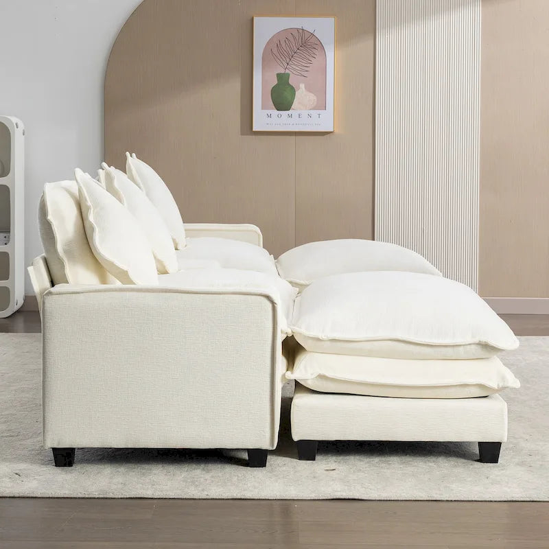Canapé d'angle en tissu chenille avec poufs amovibles, ports USB, porte-gobelets et rangement