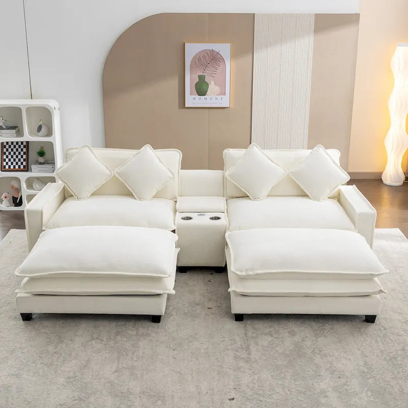 Canapé d'angle en tissu chenille avec poufs amovibles, ports USB, porte-gobelets et rangement