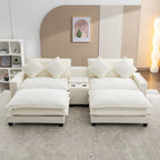 Canapé d'angle en tissu chenille avec poufs amovibles, ports USB, porte-gobelets et rangement