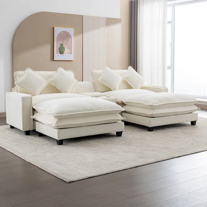 Canapé d'angle en tissu chenille avec poufs amovibles, ports USB, porte-gobelets et rangement