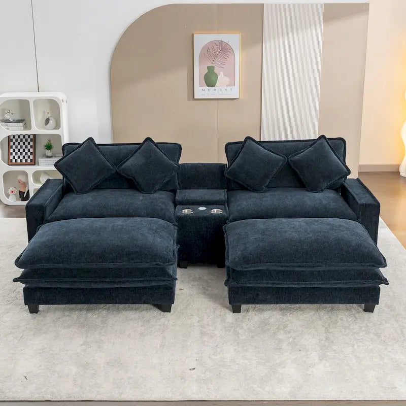 Canapé d'angle en tissu chenille avec poufs amovibles, ports USB, porte-gobelets et rangement