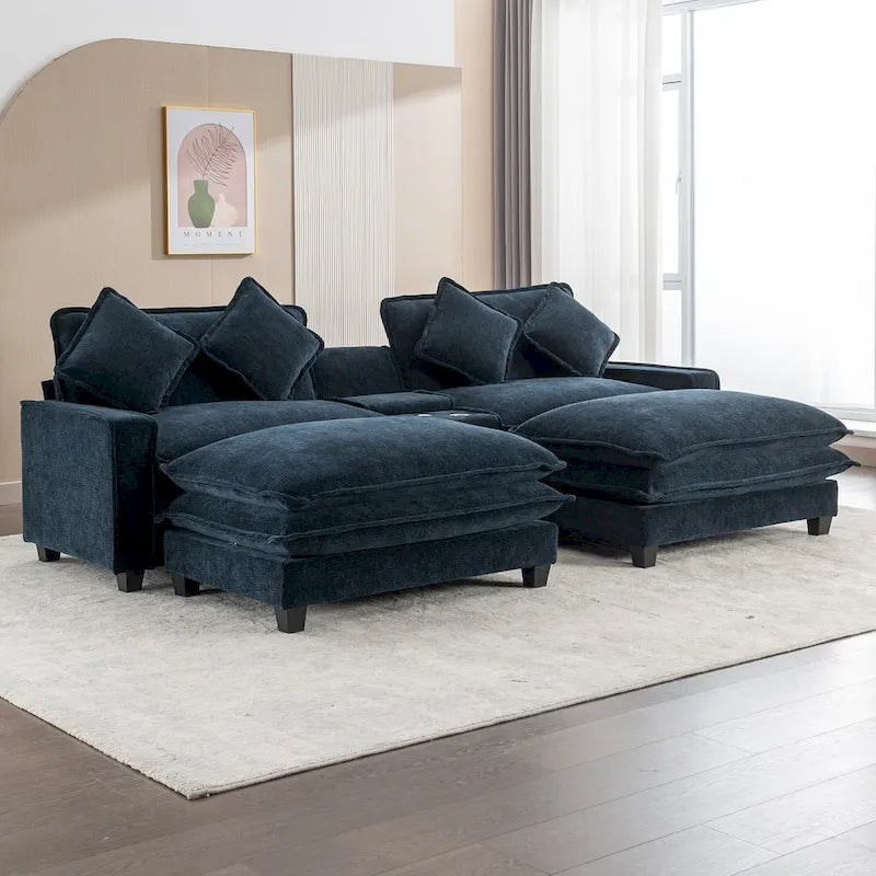 Canapé d'angle en tissu chenille avec poufs amovibles, ports USB, porte-gobelets et rangement