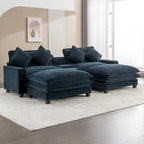 Canapé d'angle en tissu chenille avec poufs amovibles, ports USB, porte-gobelets et rangement