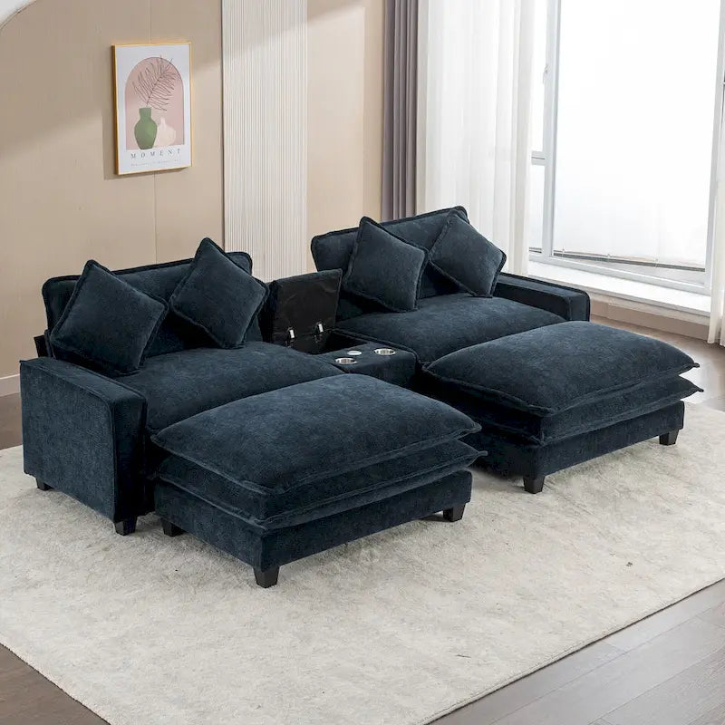 Canapé d'angle en tissu chenille avec poufs amovibles, ports USB, porte-gobelets et rangement