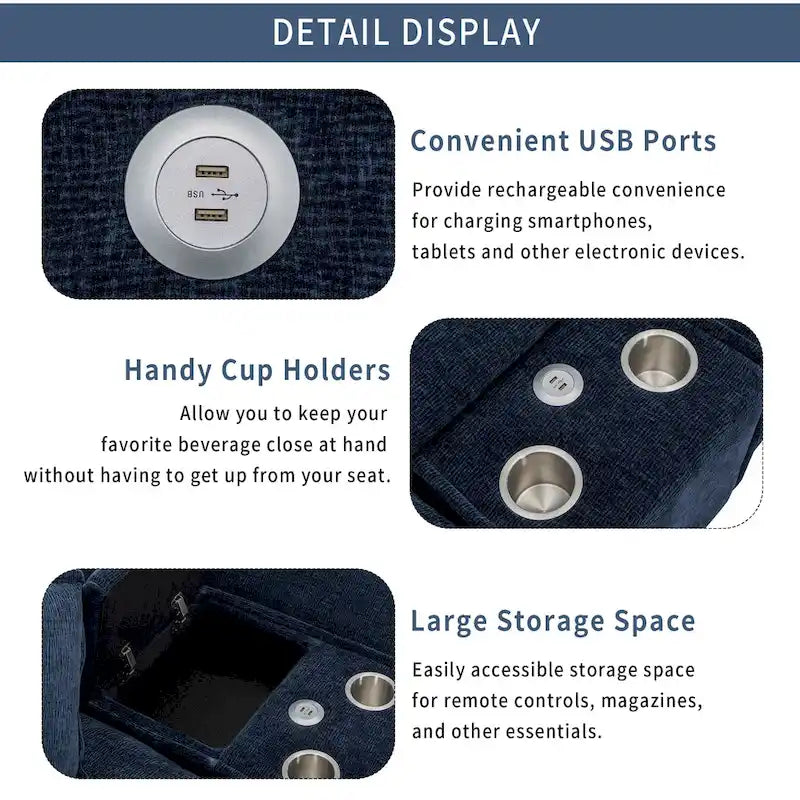 Canapé d'angle en tissu chenille avec poufs amovibles, ports USB, porte-gobelets et rangement