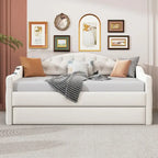 Lit de repos capitonné taille double avec lit gigogne et ports de chargement USB/Type-C, beige