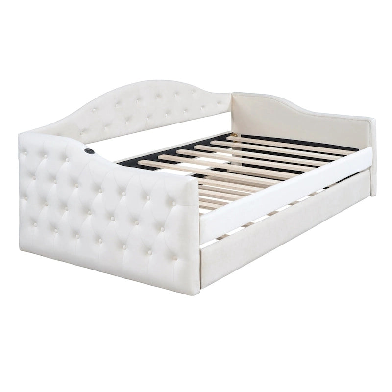 Lit de repos capitonné taille double avec lit gigogne et ports de chargement USB/Type-C, beige