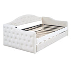 Lit de repos capitonné taille double avec lit gigogne et ports de chargement USB/Type-C, beige