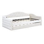 Lit de repos capitonné taille double avec lit gigogne et ports de chargement USB/Type-C, beige