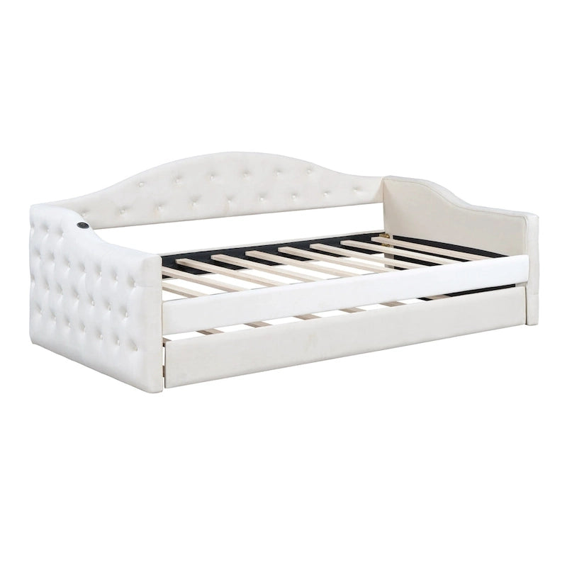 Lit de repos capitonné taille double avec lit gigogne et ports de chargement USB/Type-C, beige