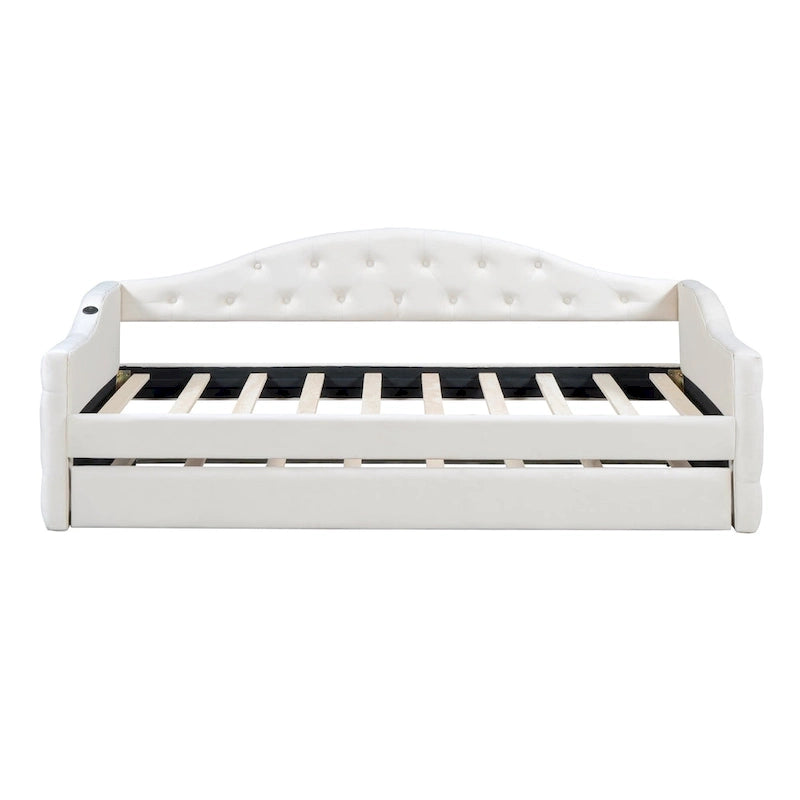 Lit de repos capitonné taille double avec lit gigogne et ports de chargement USB/Type-C, beige