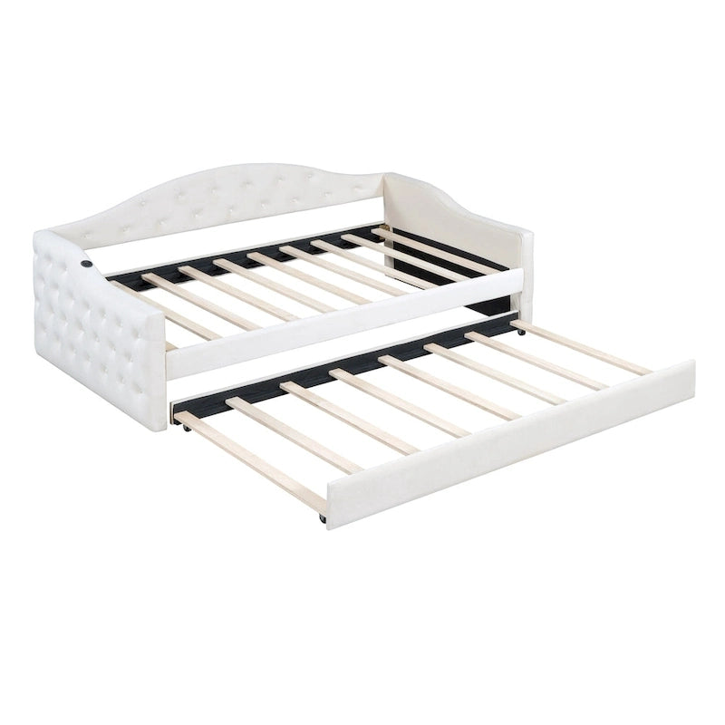 Lit de repos capitonné taille double avec lit gigogne et ports de chargement USB/Type-C, beige