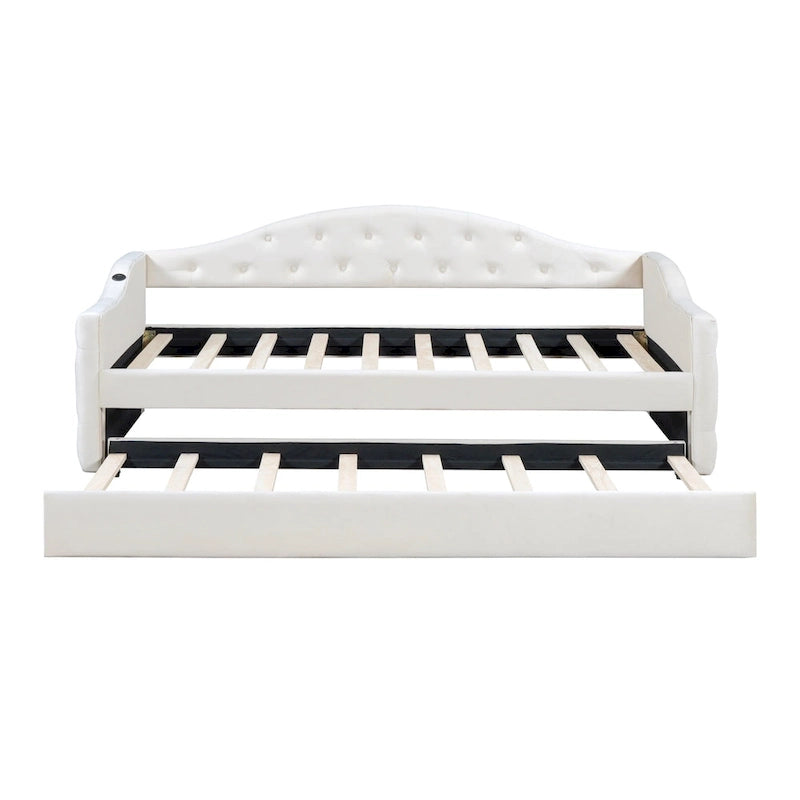 Lit de repos capitonné taille double avec lit gigogne et ports de chargement USB/Type-C, beige