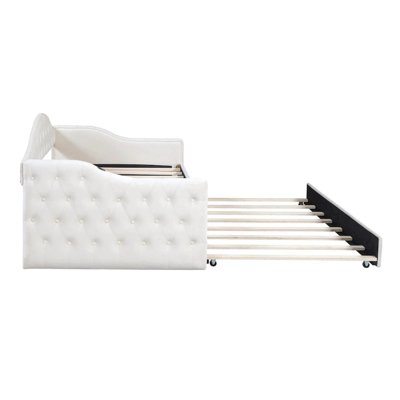Lit de repos capitonné taille double avec lit gigogne et ports de chargement USB/Type-C, beige