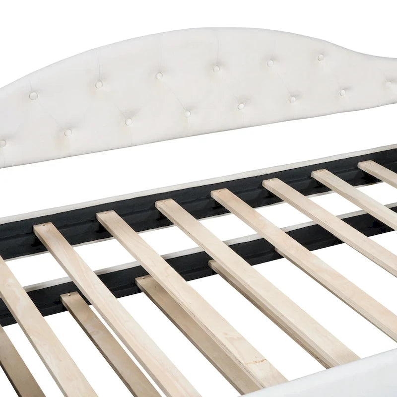 Lit de repos capitonné taille double avec lit gigogne et ports de chargement USB/Type-C, beige
