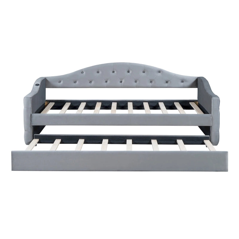 Lit de repos capitonné taille double avec lit gigogne et ports de chargement USB/Type-C, beige