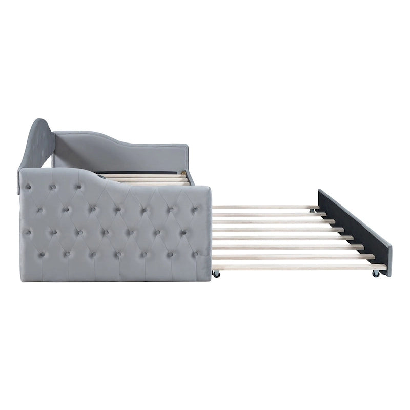 Lit de repos capitonné taille double avec lit gigogne et ports de chargement USB/Type-C, beige