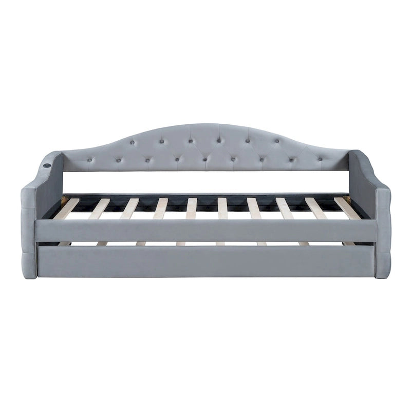 Lit de repos capitonné taille double avec lit gigogne et ports de chargement USB/Type-C, beige