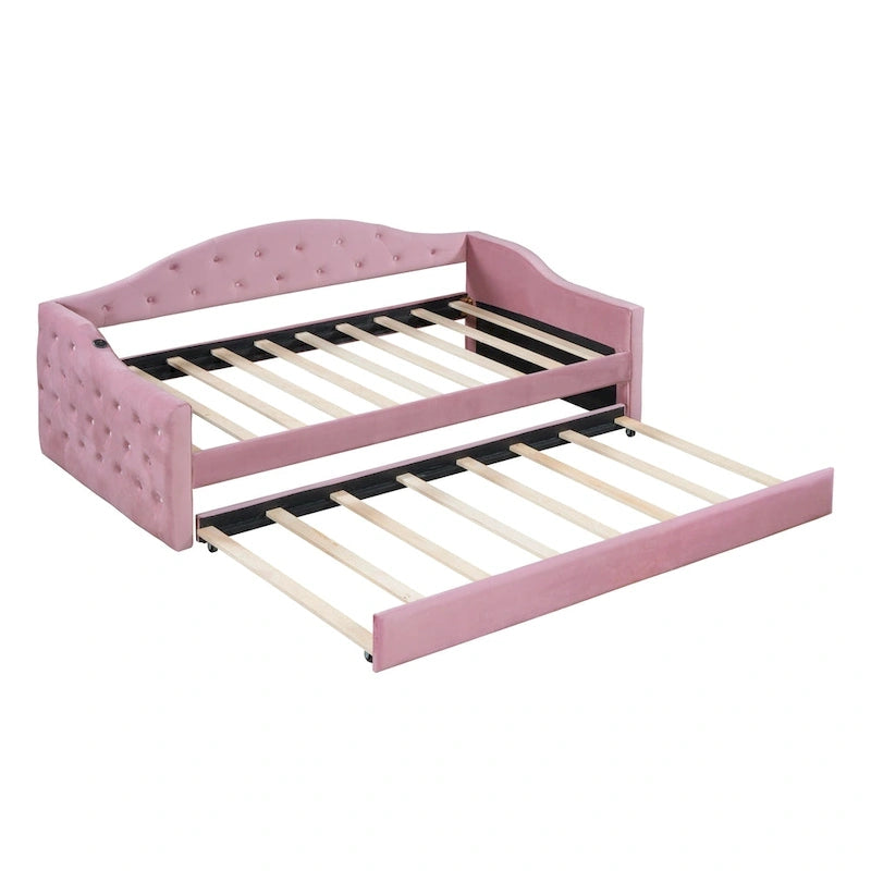 Lit de repos capitonné taille double avec lit gigogne et ports de chargement USB/Type-C, beige