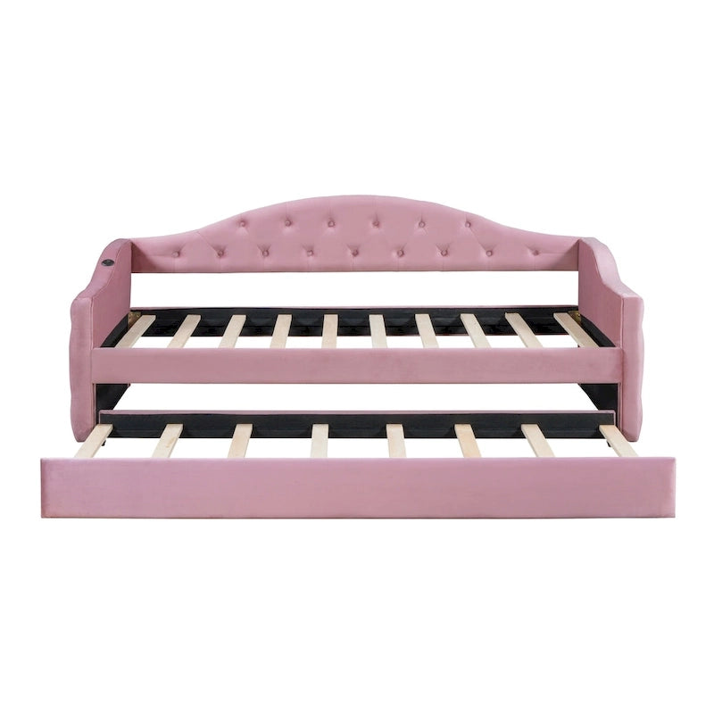 Lit de repos capitonné taille double avec lit gigogne et ports de chargement USB/Type-C, beige