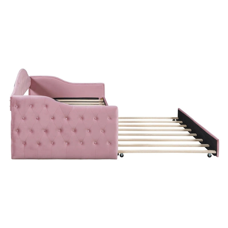 Lit de repos capitonné taille double avec lit gigogne et ports de chargement USB/Type-C, beige
