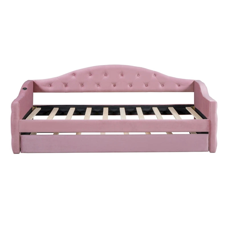 Lit de repos capitonné taille double avec lit gigogne et ports de chargement USB/Type-C, beige