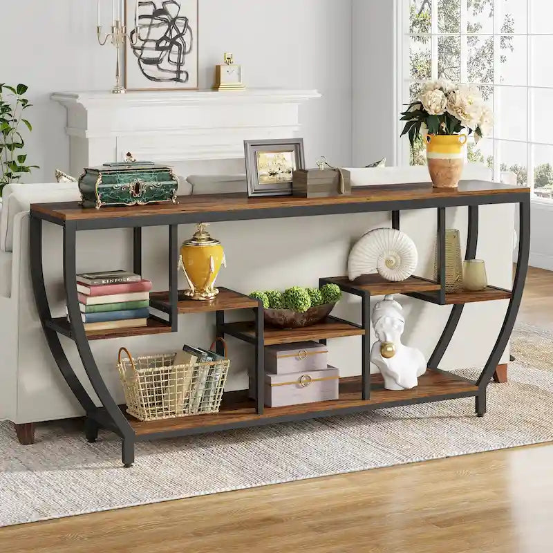 Console de 70,9 pouces avec 7 étagères – Table d'appoint étroite pour entrée et salon