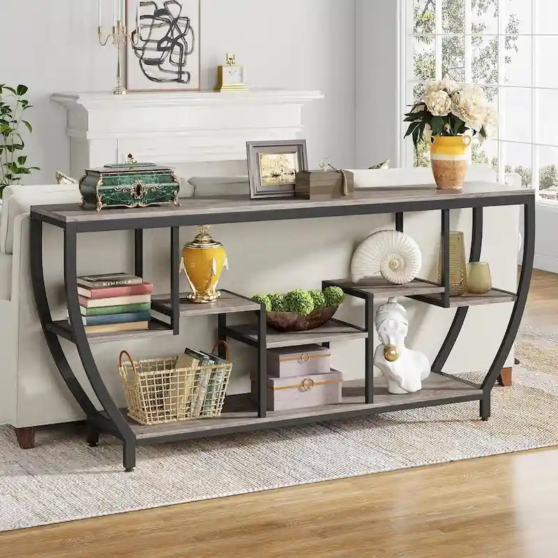 Console de 70,9 pouces avec 7 étagères – Table d'appoint étroite pour entrée et salon