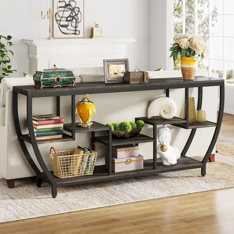 Console de 70,9 pouces avec 7 étagères – Table d'appoint étroite pour entrée et salon
