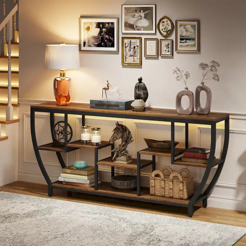 Console de 70,9 pouces avec 7 étagères – Table d'appoint étroite pour entrée et salon