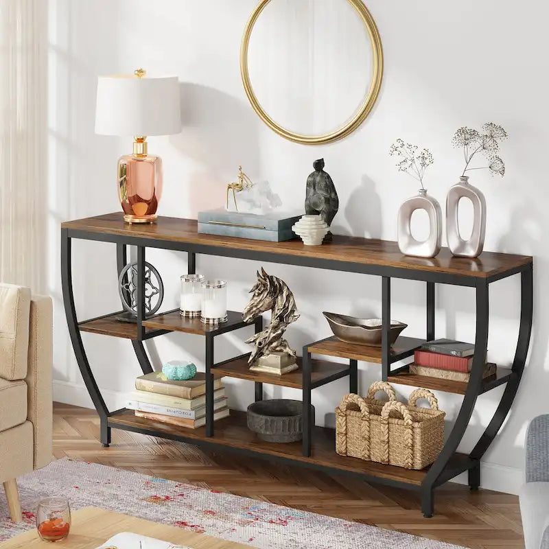 Console de 70,9 pouces avec 7 étagères – Table d'appoint étroite pour entrée et salon