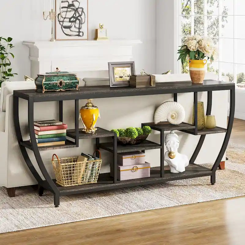 Console de 70,9 pouces avec 7 étagères – Table d'appoint étroite pour entrée et salon