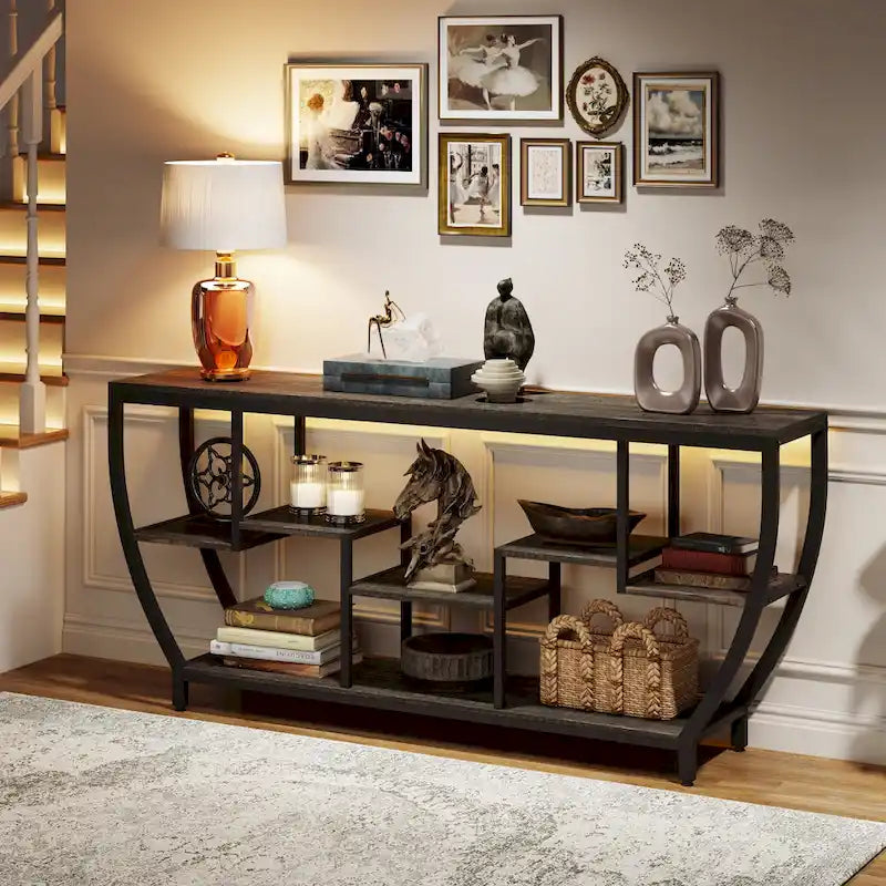 Console de 70,9 pouces avec 7 étagères – Table d'appoint étroite pour entrée et salon