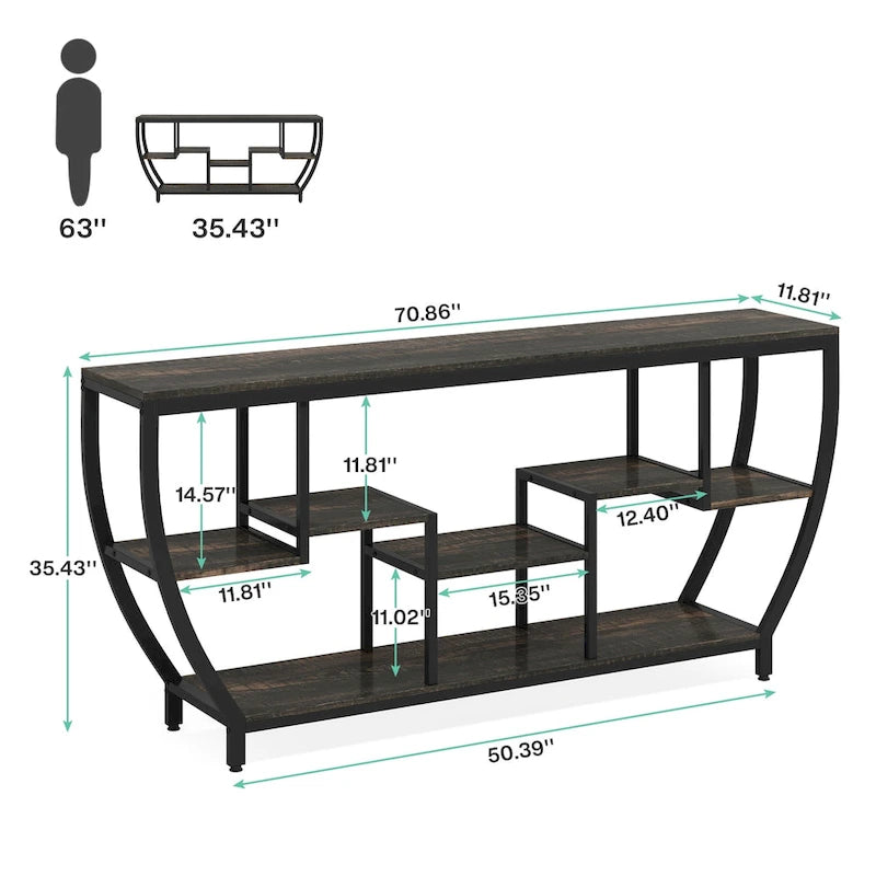 Console de 70,9 pouces avec 7 étagères – Table d'appoint étroite pour entrée et salon
