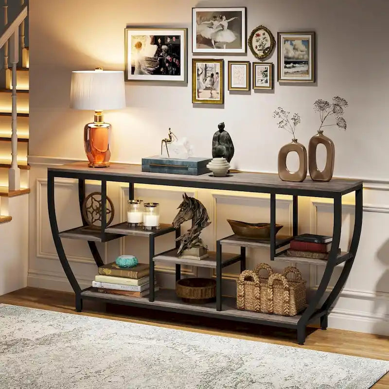 Console de 70,9 pouces avec 7 étagères – Table d'appoint étroite pour entrée et salon