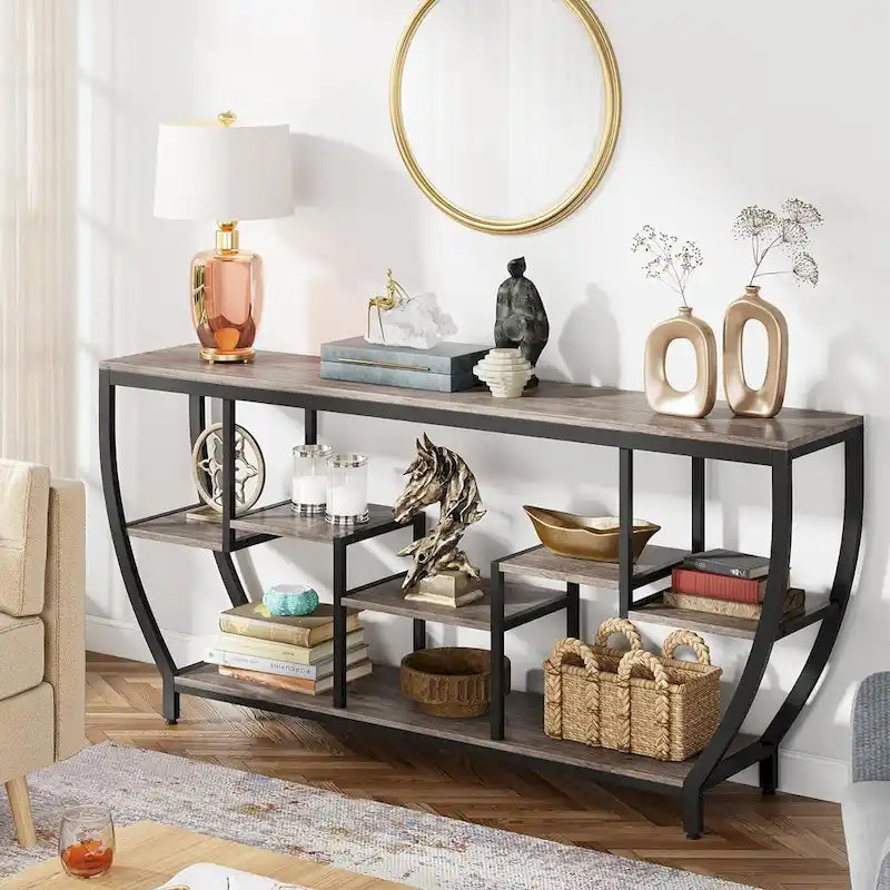 Console de 70,9 pouces avec 7 étagères – Table d'appoint étroite pour entrée et salon